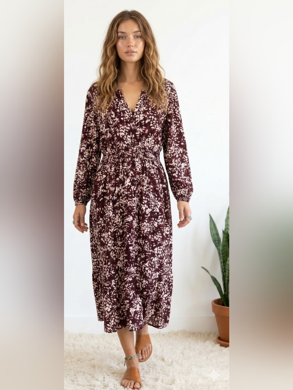 Burgundy Floral Midi Dress Boho Fall Cottagecore Modest Long Sleeve Grandmacore